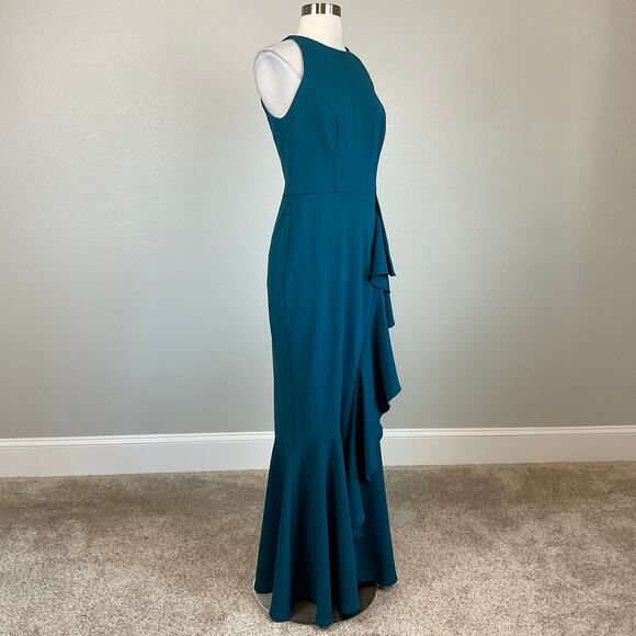 Betsy & Adam Ruffled Halter Evening Gown Size 6 Blue Crepe Halter Mermaid Dress - Picture 4 of 14